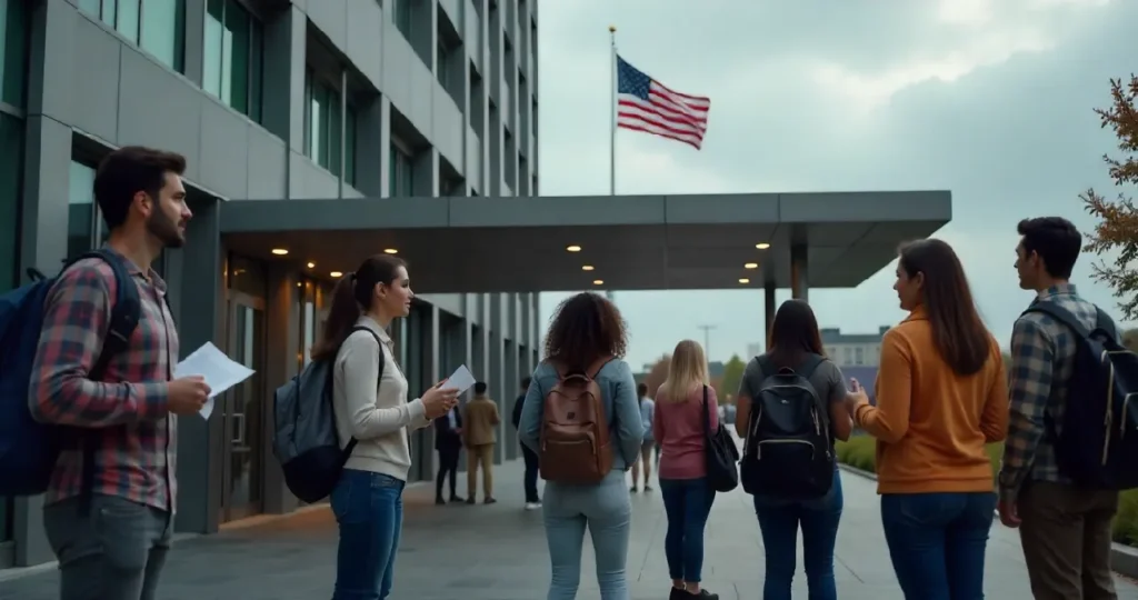 Create a super hyper-realistic image depicting the tension and uncertainty surrounding the us visa warning international students issue. The scene should show a diverse group of international students standing outside a modern US embassy building, holding documents and passports with anxious yet hopeful expressions. The embassy should have the American flag waving in the background under a cloudy sky symbolizing uncertainty. Include realistic details such as backpacks, laptops, and paperwork in their hands. The environment should look contemporary, with reflective glass windows, security barriers, and a faint sense of official seriousness. Lighting should be natural but slightly dramatic, highlighting the emotional contrast between ambition and anxiety. Capture the realism through facial expressions, textures, and depth of field—showing the human side of the us visa warning international students narrative.